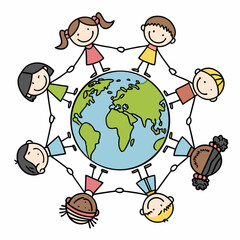 Children holding hands around the world in a circle showing unity and friendship among different cultures