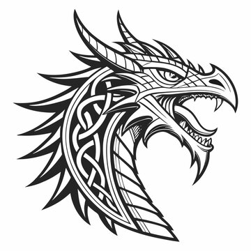 Detailed black and white dragon head with celtic knot patterns and sharp teeth in a fierce pose isolated