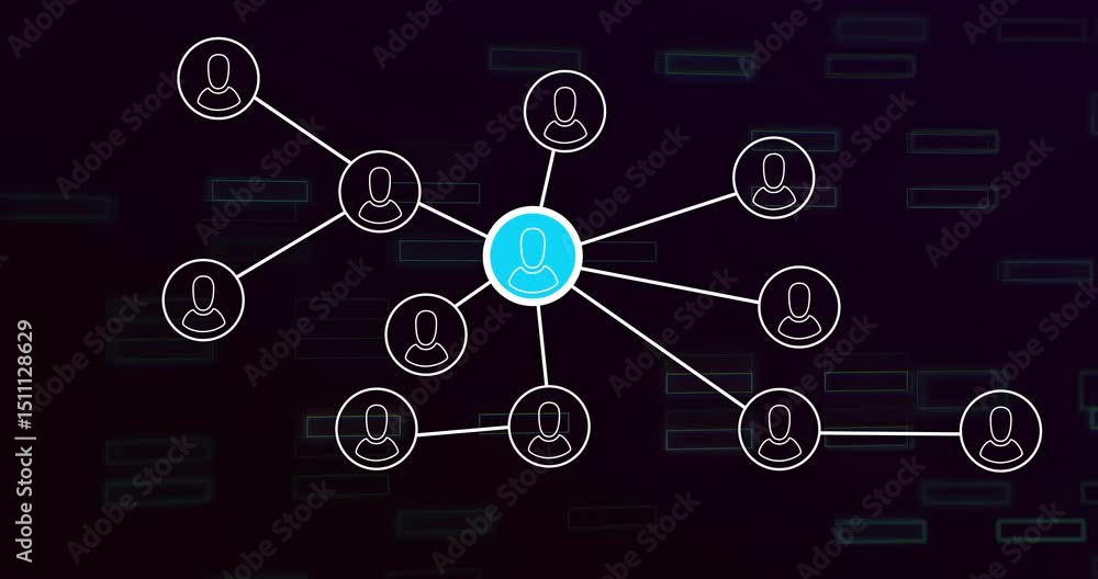 Poster bright blue node appearing, filling ears, morphing to users, pulsing rotating to link, fading ears