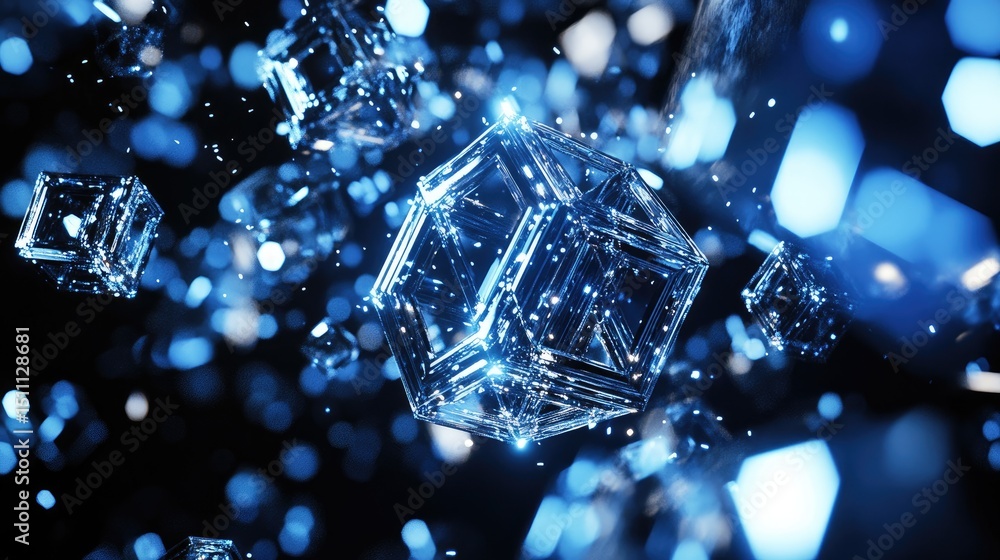 Poster abstract graphic design of translucent cubes in motion.