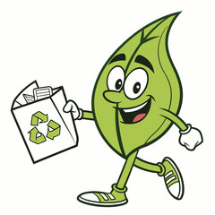 Obraz premium Cartoon leaf character walking with a recycling bag and smiling with shoes and white gloves on a white background
