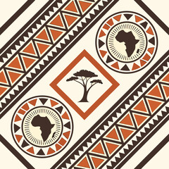 African themed pattern with continent silhouettes, geometric borders, and a tree in a diamond shape design