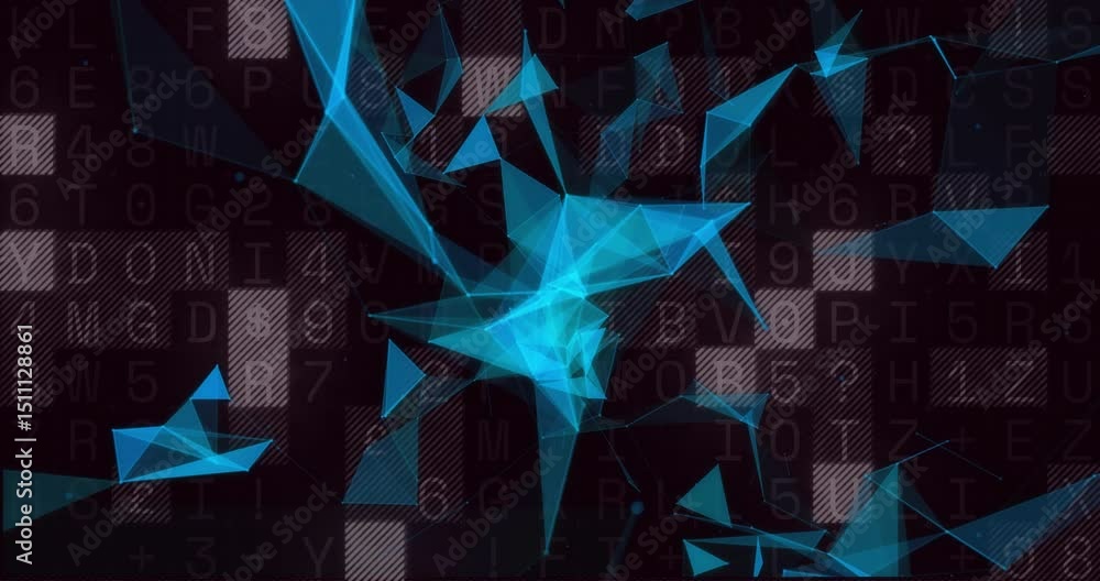 Poster on materializing blue facets, cluster swelling splitting and pulsing to represent digital data flow