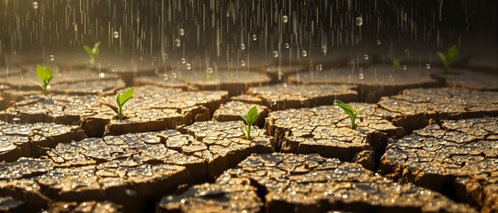 Tiny green sprouts emerging from severely cracked dry earth receiving life-giving rain, symbolizing hope and combating desertification and drought for World Environment Day