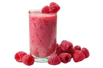 PNG Refreshing raspberry smoothie in a glass with fresh raspberries on the side