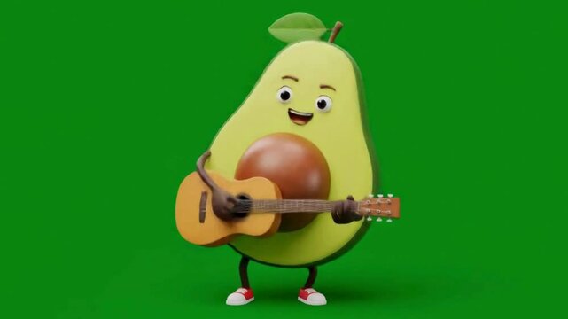3d character avocado fruit play guitar green screne