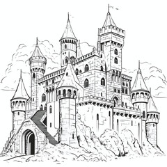 Obraz premium Historic Medieval Castle Building Architecture in Black and White Vector Illustration