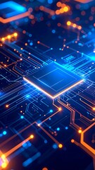 Abstract glowing circuit board design with vibrant blue and orange neon, futuristic technology style