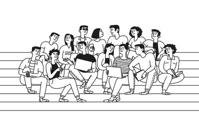 Group of happy young people sitting on stairs, students socializing and using gadgets. Concept of communication and education. Vector doodle illustration