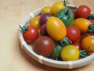 かごに盛られたカラフルなミニトマト