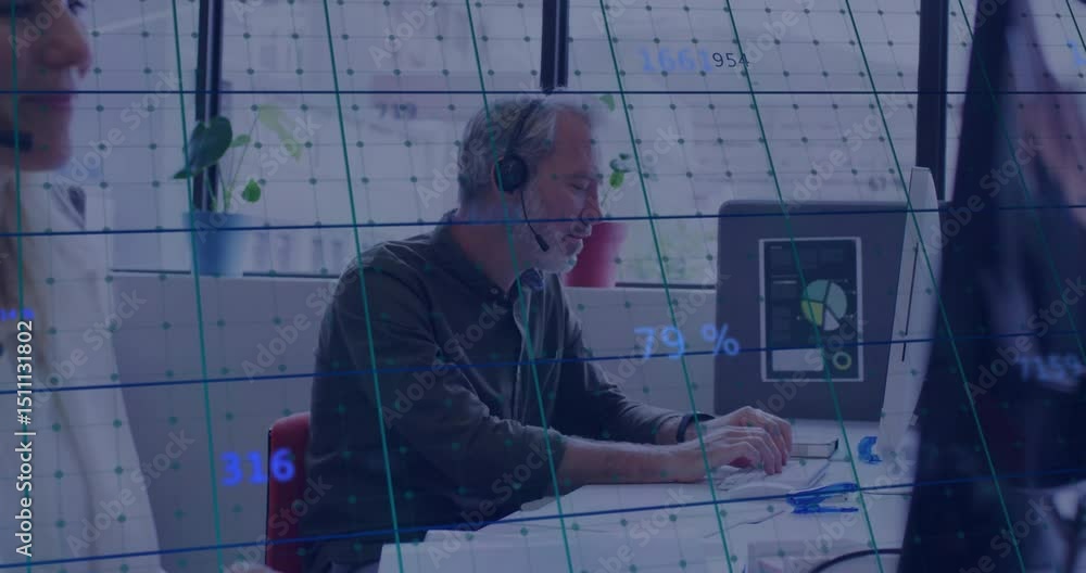 Poster support agent initiating call by typing headset commands while grid appearing and numbers updating