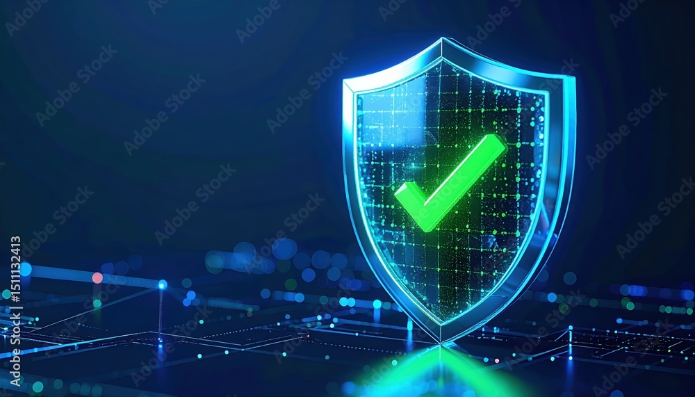 Poster futuristic glowing shield with digital grid and checkmark symbol representing cybersecurity protecti
