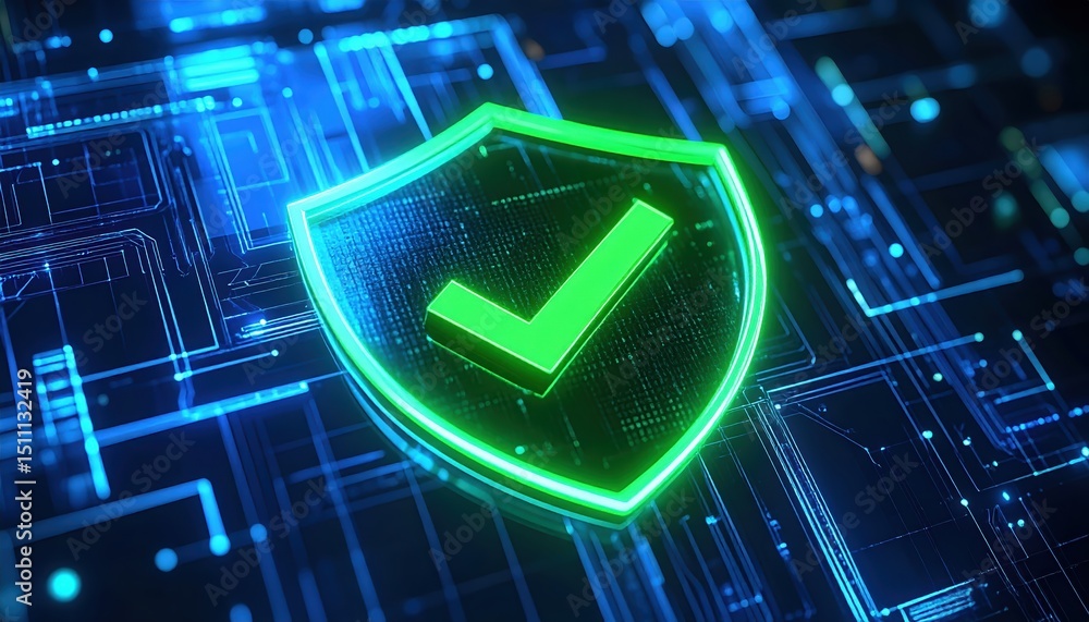 Poster futuristic digital security shield with glowing check mark symbolizing protection and cybersecurity 