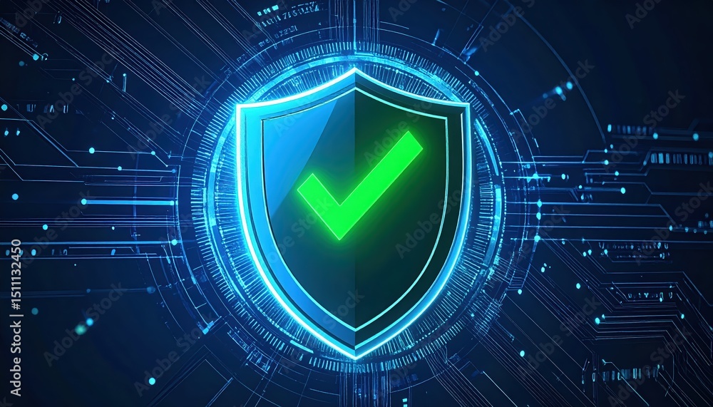Poster digital security shield with checkmark symbol representing data protection and cybersecurity assuran