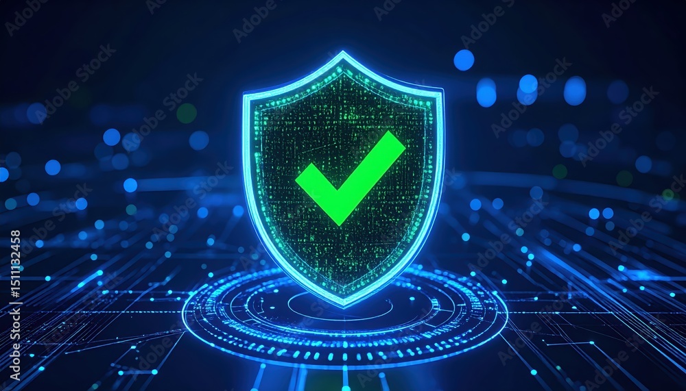 Poster modern digital shield icon with a green check mark symbolizing security protection and data safety t