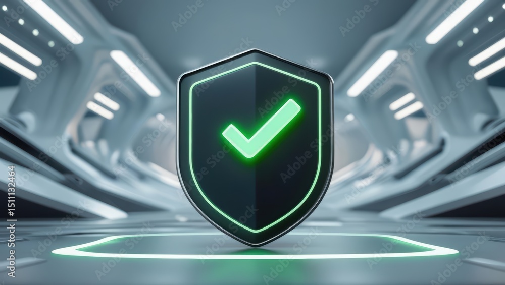 Poster digital security shield with green checkmark on futuristic technology background for cyber protectio