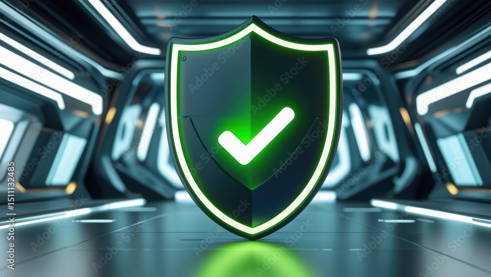 Poster digital shield with checkmark symbol inside a futuristic high technology security gateway