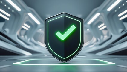 Digital Security Shield with Green Checkmark on Futuristic Technology Background for Cyber Protection and Data Safety