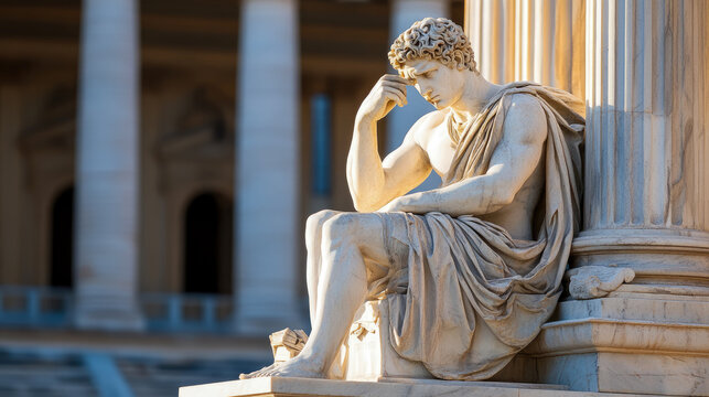 Contemplation: A sculpted figure sits deep in thought, draped in cloth and positioned near marble architecture, reflecting on matters of the mind - Powered by Adobe