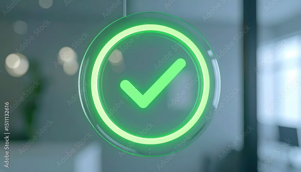 Poster digital green check mark icon indicating approval confirmation or successful completion on interface