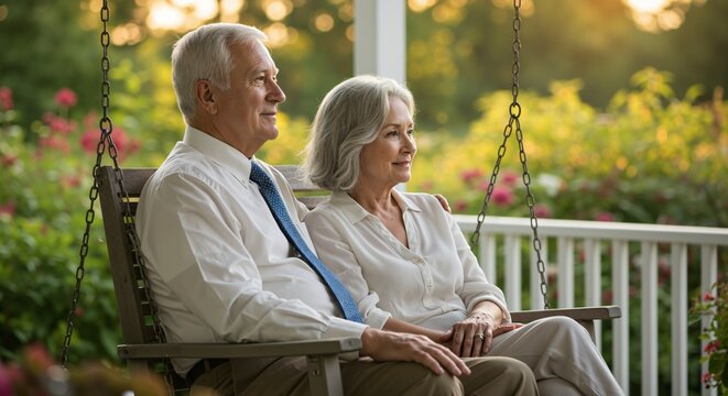 Content senior Caucasian couple, an elderly man and woman, sitting affectionately on a wooden porch swing, enjoying a tranquil sunset in their lush garden.