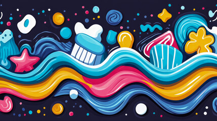 Whimsical wave with dental hygiene objects for print, poster, card