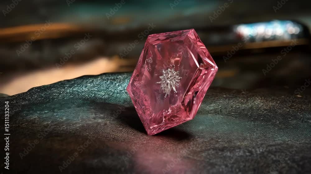 Poster close-up of a pink crystalline object with a starburst center, on a textured gray surface illuminate