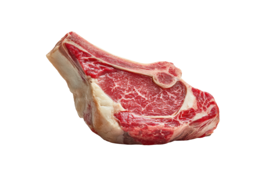 PNG Raw marbled bone-in ribeye steak on black background