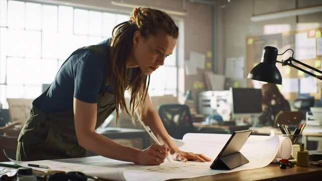 In a contemporary design studio, an architect of diverse ethnicity reviews blueprints on a table while another collaborator focuses on sketches. The atmosphere is creative and dynamic
