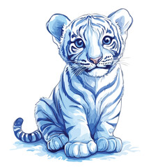 Obraz premium Adorable Tiger Cartoon Illustration in Blue Lines for Kids' Design Projects