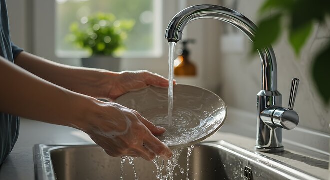 Image of hands washing a ceramic plate under running water at a kitchen sink. 