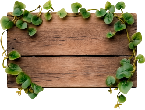 Rustic wooden plank sign decorated with natural green leaves, isolated on transparent background, ideal for eco-friendly messages, botanical ads or organic product promotions