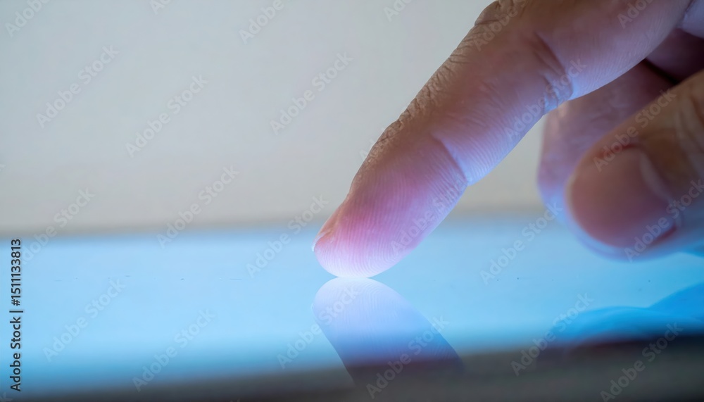 Poster close-up of a fingertip touching a glowing screen on a modern digital device with bright background