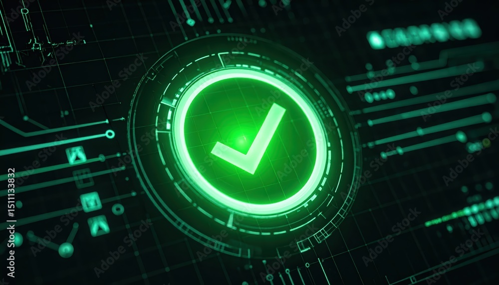 Poster futuristic digital interface with glowing check mark symbol and holographic technology elements desi