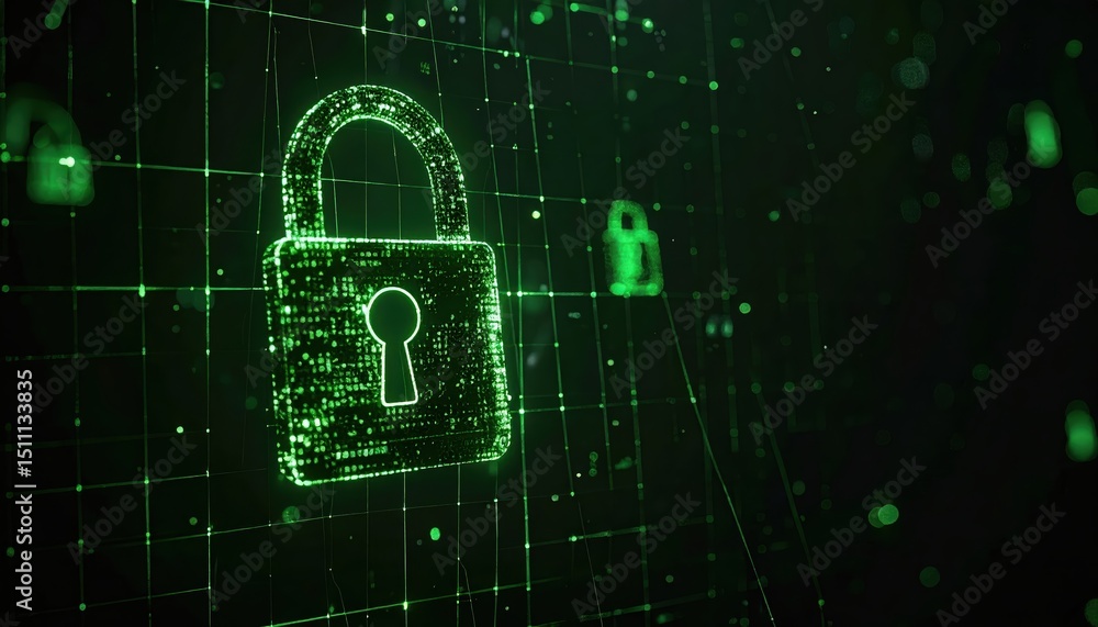 Poster advanced digital security concept with glowing green lock symbol and network data in cyberspace