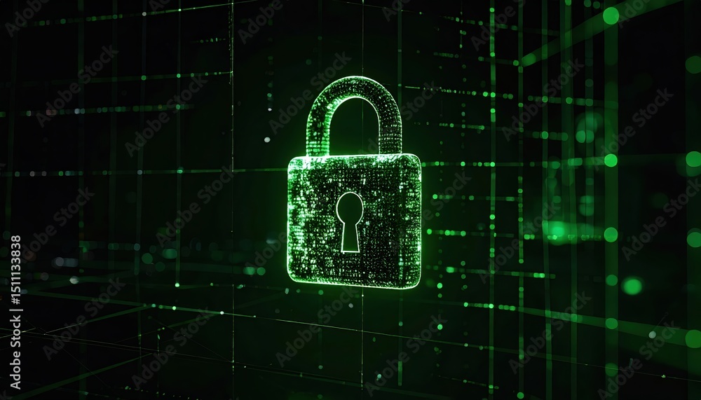 Poster digital security concept with glowing lock icon in a cybersecurity environment with data and grid pa