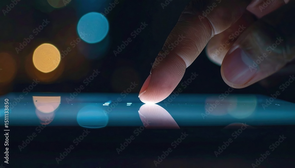 Poster close-up of a person's finger interacting with a digital touchscreen device in a dark environment wi