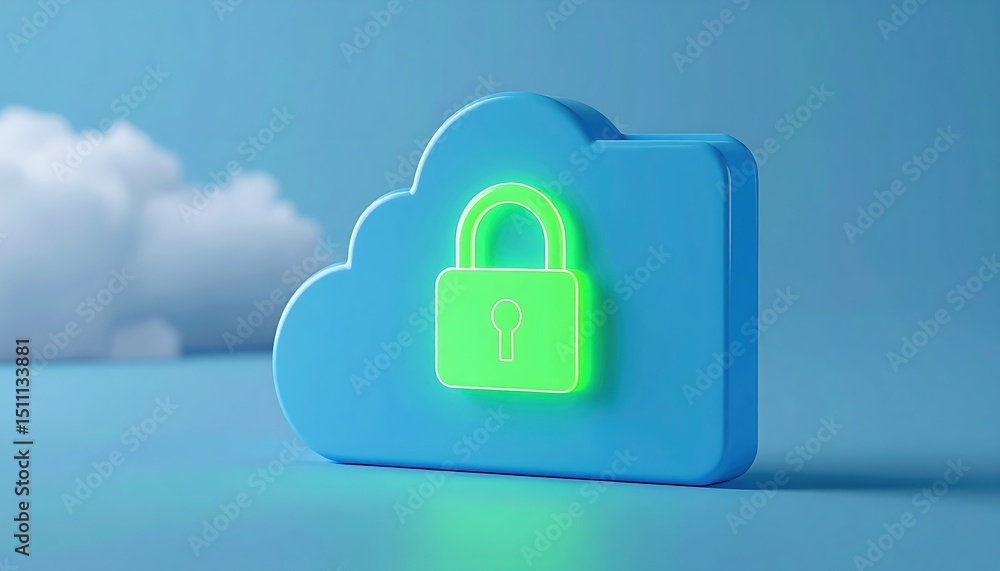 Poster cloud storage security concept with a blue cloud icon and a green padlock symbol representing data p