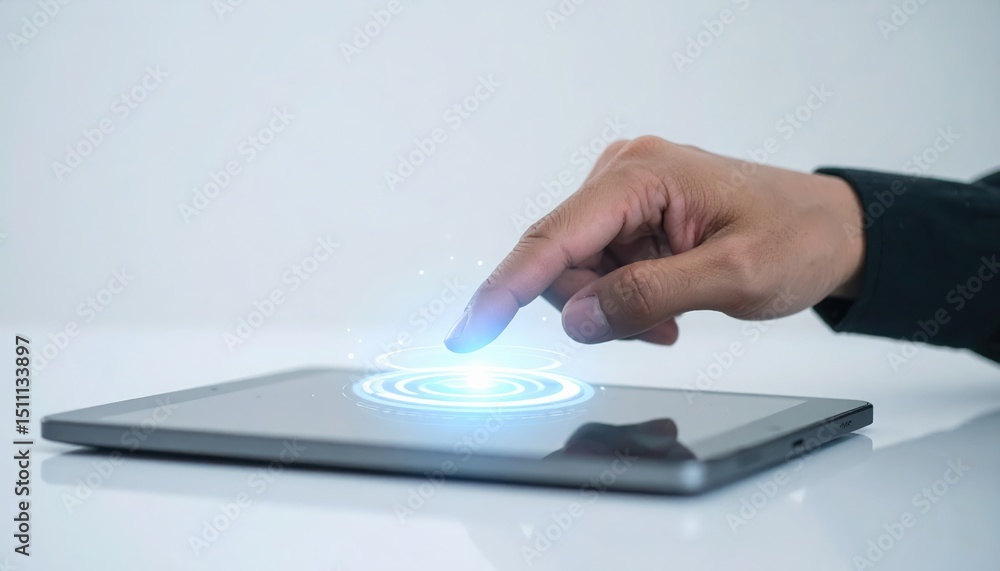 Poster close-up of hand touching futuristic hologram interface on tablet device with glowing circular patte