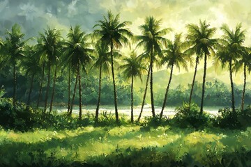 Obraz premium Serene Tropical Paradise Palm Trees by the River
