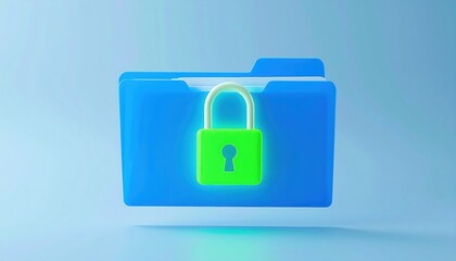 Modern blue folder with glowing green padlock symbol indicating secure digital storage protection