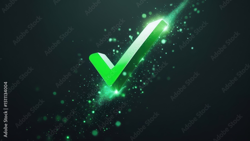 Poster bright green check mark with glowing effects on dark background symbolizing success or approval