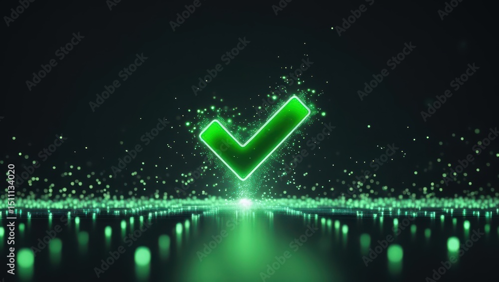 Poster glowing green check mark symbol with digital particles and a futuristic neon style on dark backgroun