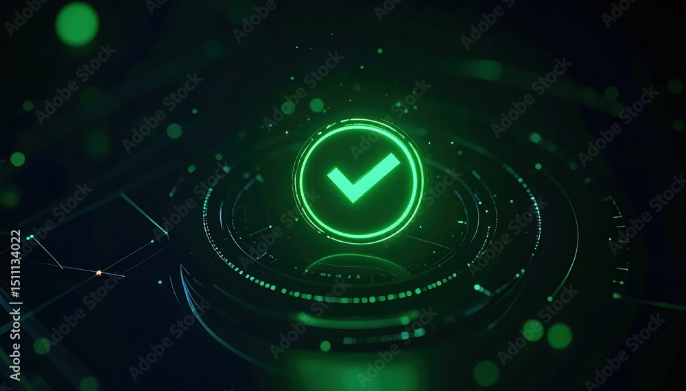 Poster digital security verification icon with green checkmark digital confirm approval symbol for technolo