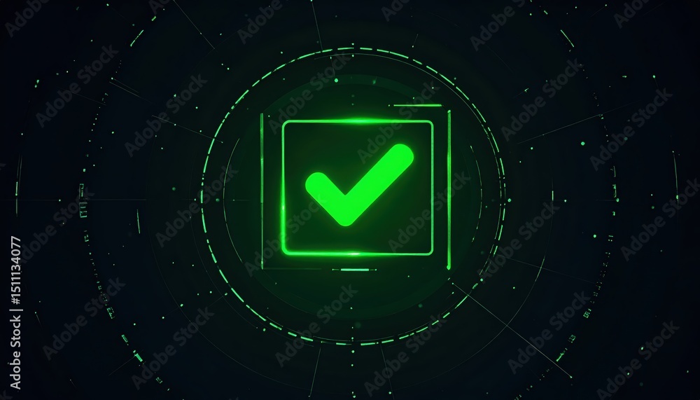 Poster futuristic digital check mark icon with glowing green confirmation symbol in a high-tech hud style