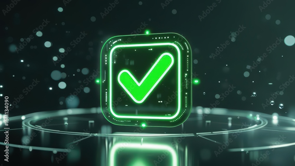 Poster modern digital confirmation icon with glowing checkmark in a futuristic environment for security ver