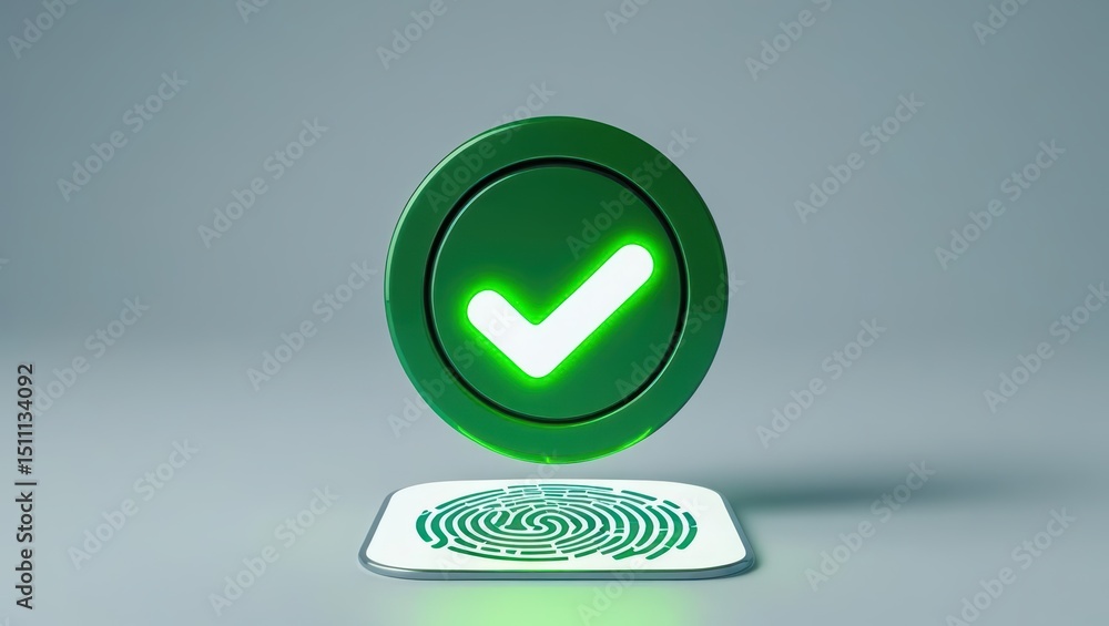 Poster digital fingerprint scanner with a glowing green checkmark symbolizing verification and biometric se