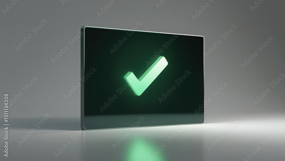Poster modern digital confirmation screen with green checkmark on dark background representing approval ver