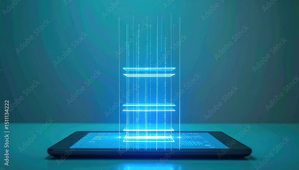 Poster digital data transfer concept with blue light streams streaming from tablet screen on dark backgroun