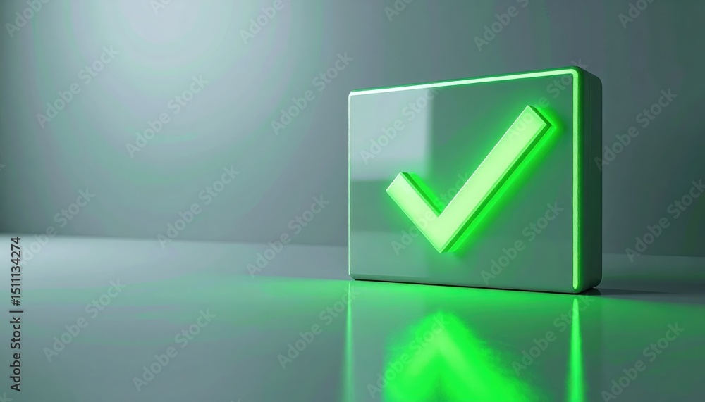 Poster modern digital green check mark icon on transparent screen with glowing effect symbolizing approval 